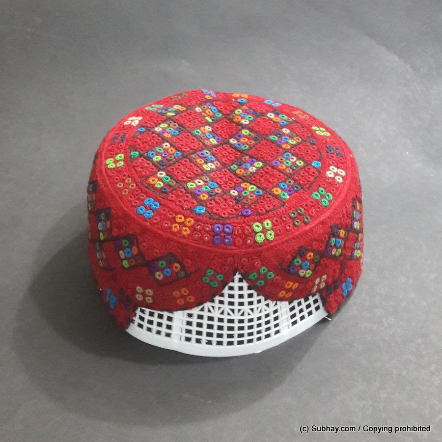 Red & Multi Color Saeedabad Yaqoobi Zardari Cap or Topi MKC-646